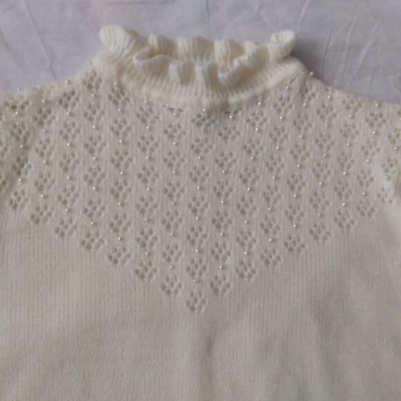 Vintage Cottagecore Knit Pointelle Sweater Ruffle Neckline Ivory Womens Medium - Picture 3 of 6